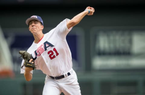 MINNEAPOLIS, MN- AUGUST 27: Matthew Liberatore #21 of the USA Baseball 18U National Team pitches against Iowa Western CC on August 27, 2017 at Target Field in Minneapolis, Minnesota. (Photo by Brace Hemmelgarn/Getty Images)