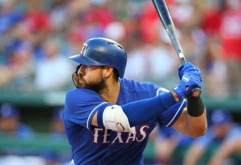 ARLINGTON, TX-MAY 24: Joey Gallo #13 of the Texas Rangers hits in the second inning against the Kansas City Royals at Globe Life Park in Arlington on May 24, 2018, in Arlington, Texas. (Photo by Rick Yeatts/Getty Images)