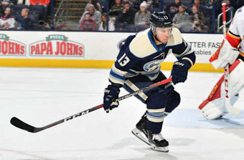 COLUMBUS, OH – DECEMBER 4: Cam Atkinson #13 of the Columbus Blue Jackets skates against the Calgary Flames on December 4, 2018 at Nationwide Arena in Columbus, Ohio. (Photo by Jamie Sabau/NHLI via Getty Images)