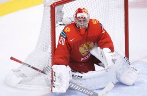 VANCOUVER , BC – JANUARY 4: Goaltender Pyotr Kochetkov #20 of Russia of Russia crouches in the crease against the United States during a semi-final game at the IIHF World Junior Championships at Rogers Arena on January 4, 2019 in Vancouver, British Columbia, Canada. (Photo by Kevin Light/Getty Images)