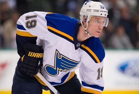 Apr 3, 2015; Dallas, TX, USA; St. Louis Blues defenseman Jay Bouwmeester (19) waits for play to begin against the Dallas Stars at the American Airlines Center. The Blues defeat the Stars 7-5. Mandatory Credit: Jerome Miron-USA TODAY Sports