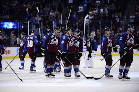 Mar 9, 2016; Denver, CO, USA; Members of the Colorado Avalanche celebrate the win over the Anaheim Ducks at the Pepsi Center. The Avalanche defeated the Ducks 3-0. Mandatory Credit: Ron Chenoy-USA TODAY Sports