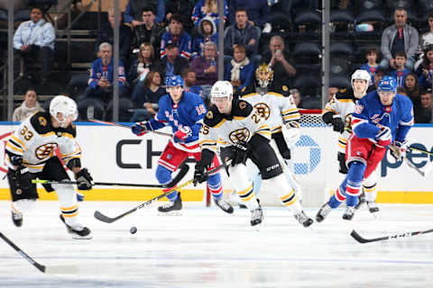 NEW YORK, NY – OCTOBER 27: Brandon Carlo #25 of the Boston Bruins skates with the puck against the New York Rangers at Madison Square Garden on October 27, 2019 in New York City. (Photo by Jared Silber/NHLI via Getty Images)