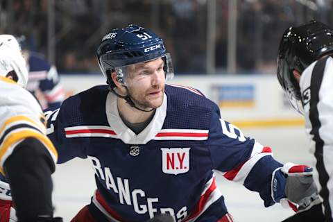 NEW YORK, NY – FEBRUARY 07: David Desharnais #51 of the New York Rangers skates against the Boston Bruins at Madison Square Garden on February 7, 2018 in New York City. The Boston Bruins won 6-1. (Photo by Jared Silber/NHLI via Getty Images)