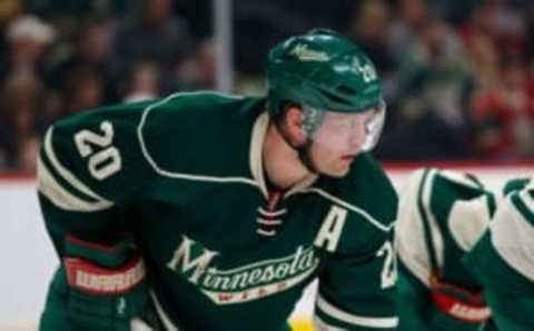 Dec 11, 2016; Saint Paul, MN, USA; Minnesota Wild defenseman Ryan Suter (20) waits for the faceoff in the first period against the St Louis Blues at Xcel Energy Center. Mandatory Credit: Brad Rempel-USA TODAY Sports