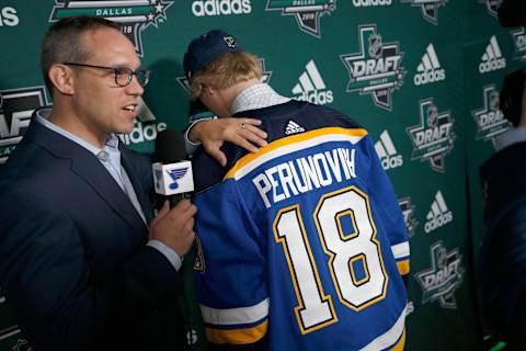 Scott Perunovich, St. Louis Blues. (Photo by Ron Jenkins/Getty Images)