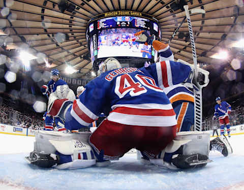 Alexandar Georgiev #40 of the New York Rangers tends net against the New York Islanders