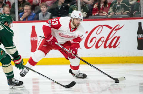 Feb 12, 2017; Saint Paul, MN, USA; Detroit Red Wings forward Darren Helm (43) during a game between the Minnesota Wild and Detroit Red Wings at Xcel Energy Center. The Wild defeated the Red Wings 6-3. Mandatory Credit: Brace Hemmelgarn-USA TODAY Sports