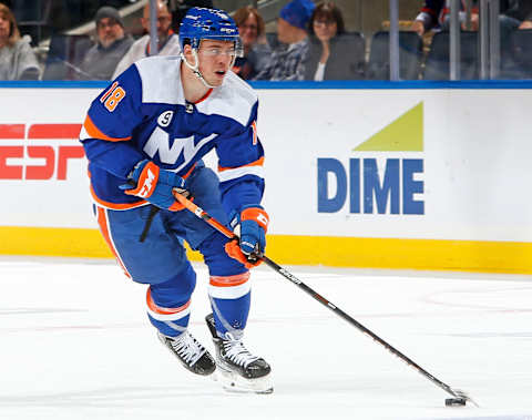 ELMONT, NY – JANUARY 22: Anthony Beauvillier #18 of the New York Islanders skates with the puck during the second period against the Toronto Maple Leafs at UBS Arena on January 22, 2022 in Elmont, New York. The Maple Leafs defeated the Islanders 3-1. (Photo by Christopher Pasatieri/Getty Images)