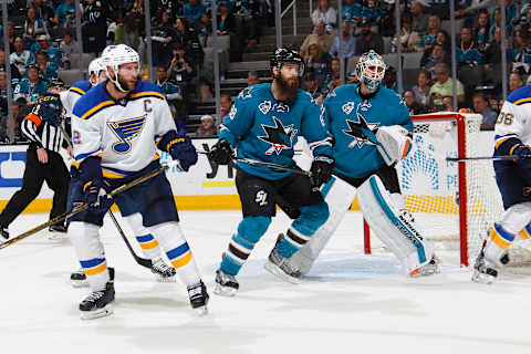 SAN JOSE, CA – MAY 19: Brent Burns #88 and Martin Jones #31 of the San Jose Sharks defend the net against David Backes #42 of the St. Louis Blues in Game Three of the Western Conference Finals during the 2016 NHL Stanley Cup Playoffs at SAP Center on May 19, 2016 in San Jose, California. (Photo by Rocky W. Widner/NHL/Getty Images)