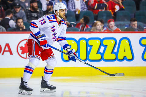 Nov 12, 2016; Calgary, Alberta, CAN; New York Rangers right wing Brandon Pirri (73) skates against the Calgary Flames during the third period at Scotiabank Saddledome. New York Rangers won 4-1. Mandatory Credit: Sergei Belski-USA TODAY Sports