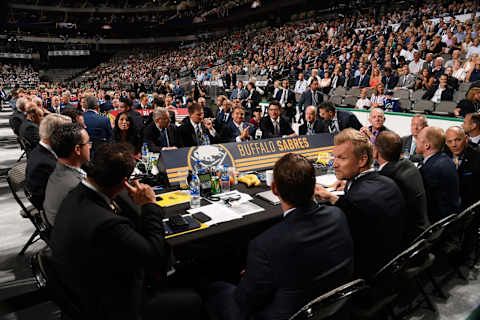 DALLAS, TX – JUNE 22: A general view of the Buffalo Sabres draft table is seen during the first round of the 2018 NHL Draft at American Airlines Center on June 22, 2018 in Dallas, Texas. (Photo by Brian Babineau/NHLI via Getty Images)