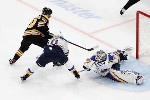 BOSTON, MASSACHUSETTS – JUNE 12: Jordan Binnington #50 of the St. Louis Blues stops a shot from Joakim Nordstrom #20 of the Boston Bruins during the third period in Game Seven of the 2019 NHL Stanley Cup Final at TD Garden on June 12, 2019 in Boston, Massachusetts. (Photo by Patrick Smith/Getty Images)