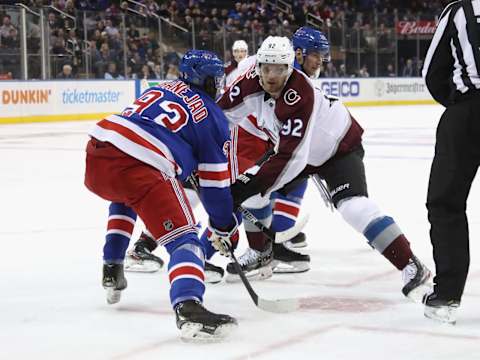 Mika Zibanejad of the New York Rangers skates against the Colorado Avalanche . (Photo by Bruce Bennett/Getty Images)