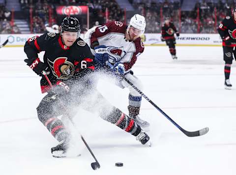 Jakob Chychrun of the Ottawa Senators skates against the Colorado Avalanche on March 16, 2023. | Photo by Chris Tanouye for Freestyle Photography and Getty Images.