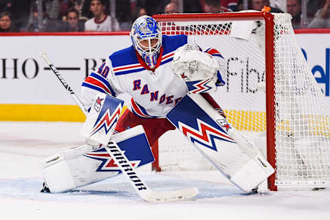 MONTREAL, QC – NOVEMBER 23: New York Rangers goalie Alexander Georgiev (40) tracks the play on his right during the New York Rangers versus the Montreal Canadiens game on November 23, 2019, at Bell Centre in Montreal, QC (Photo by David Kirouac/Icon Sportswire via Getty Images)