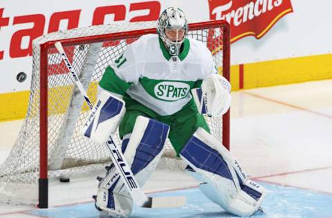 TORONTO, ON – MARCH 19: Frederik Andersen #31 of the Toronto Maple Leafs warms up prior to playing against the Calgary Flames in an NHL game at Scotiabank Arena on March 19, 2021, in Toronto, Ontario, Canada. The Flames defeated the Maple Leafs 4-3. (Photo by Claus Andersen/Getty Images)