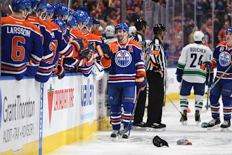 Apr 9, 2017; Edmonton, Alberta, CAN; Edmonton Oilers right wing Jordan Eberle (14) celebrates his third goal of the night against the Vancouver Canucks at Rogers Place. The Oilers won 5-2. Mandatory Credit: Candice Ward-USA TODAY Sports