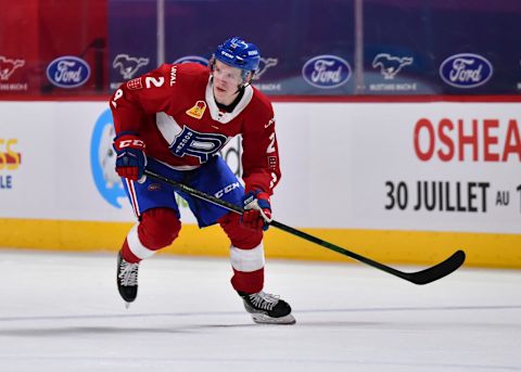 MONTREAL, QC – FEBRUARY 22: Kaiden Guhle #2 of the Laval Rocket skates against the Manitoba Moose in his first career AHL game during the second period at the Bell Centre on February 22, 2021 in Montreal, Canada. The Manitoba Moose defeated the Laval Rocket 3-2 in overtime. (Photo by Minas Panagiotakis/Getty Images)