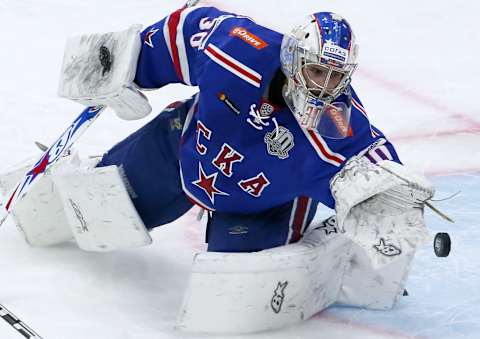 ST PETERSBURG, RUSSIA SEPTEMBER 15, 2017: SKA St Petersburg goaltender Igor Shestyorkin makes a save in their 2017/18 KHL Regular Season ice hockey match against Metallurg Magnitogorsk at the Ice Palace. Alexander Demianchuk/TASS (Photo by Alexander Demianchuk\TASS via Getty Images)