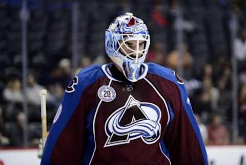 Sep 24, 2015; Denver, CO, USA; Colorado Avalanche goalie Reto Berra (20) during the third period against the Calgary Flames during a preseason game at Pepsi Center. The Flames defeated the Avalanche 1-0. Mandatory Credit: Ron Chenoy-USA TODAY Sports