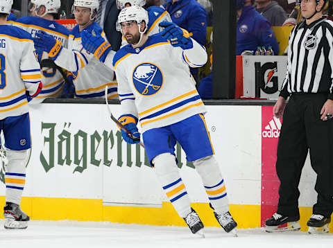 Feb 1, 2022; Las Vegas, Nevada, USA; Buffalo Sabres right wing Alex Tuch (89) celebrates after scoring a second period goal against the Vegas Golden Knights at T-Mobile Arena. Mandatory Credit: Stephen R. Sylvanie-USA TODAY Sports