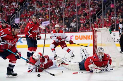 WASHINGTON, DC – APRIL 11: Braden Holtby #70 of the Washington Capitals follows the puck against the Carolina Hurricanes in the second period in Game One of the Eastern Conference First Round during the 2019 NHL Stanley Cup Playoffs at Capital One Arena on April 11, 2019 in Washington, DC. (Photo by Patrick McDermott/NHLI via Getty Images)