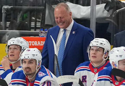 Jan 6, 2022; Las Vegas, Nevada, USA; New York Rangers head coach Gerard Gallant reacts while in the bench during the first period against the Vegas Golden Knights at T-Mobile Arena. Mandatory Credit: Stephen R. Sylvanie-USA TODAY Sports