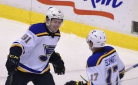 Mar 19, 2016; Vancouver, British Columbia, CAN; St. Louis Blues forward Vladimir Tarasenko (91) celebrates his goal against Vancouver Canucks goaltender Ryan Miller (30) (not pictured) with forward Jaden Schwartz (17) during the third period at Rogers Arena. The St. Louis Blues won 3-0. Mandatory Credit: Anne-Marie Sorvin-USA TODAY Sports