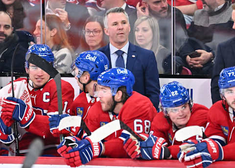 MONTREAL, CANADA – JANUARY 17: Head coach for the Montreal Canadiens Martin St-Louis, handles bench duties during the second period against the Winnipeg Jets at Centre Bell on January 17, 2023 in Montreal, Quebec, Canada. The Montreal Canadiens defeated the Winnipeg Jets 4-1. (Photo by Minas Panagiotakis/Getty Images)