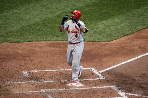 MILWAUKEE, WI – JUNE 23: Yaddier Molina #4 of the St. Louis Cardinals celebrates after hitting a home run in the sixth inning against the Milwaukee Brewers at Miller Park on June 23, 2018 in Milwaukee, Wisconsin. (Photo by Dylan Buell/Getty Images)