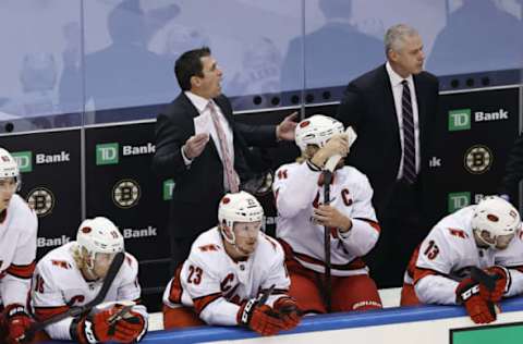 Head coach Rod Brind’Amour of the Carolina Hurricanes handles bench duties  (Photo by Elsa/Getty Images)