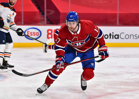 MONTREAL, QC – APRIL 05: Josh Anderson #17 of the Montreal Canadiens skates during the second period against the Edmonton Oilers at the Bell Centre on April 5, 2021 in Montreal, Canada. The Montreal Canadiens defeated the Edmonton Oilers 3-2 in overtime. (Photo by Minas Panagiotakis/Getty Images)