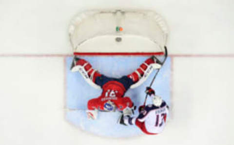 WASHINGTON, DC – APRIL 15: Cam Atkinson #13 of the Columbus Blue Jackets scores a first period goal against Philipp Grubauer #31 of the Washington Capitals in Game Two of the Eastern Conference First Round during the 2018 NHL Stanley Cup Playoffs at Capital One Arena on April 15, 2018 in Washington, DC. (Photo by Patrick McDermott/NHLI via Getty Images)