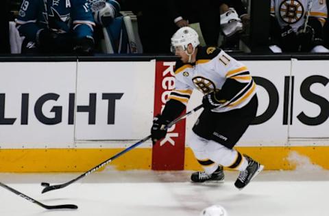 Feb 19, 2017; San Jose, CA, USA; Boston Bruins right wing Jimmy Hayes (11) during the first period of the game against the San Jose Sharks at the SAP Center in San Jose. The Boston Bruins defeated the San Jose Sharks in overtime with a score of 2-1. Mandatory Credit: Stan Szeto-USA TODAY Sports