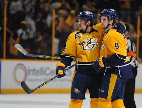 Nashville Predators Filip Forsberg (9) and Roman Josi (59) Mandatory Credit: Christopher Hanewinckel-USA TODAY Sports