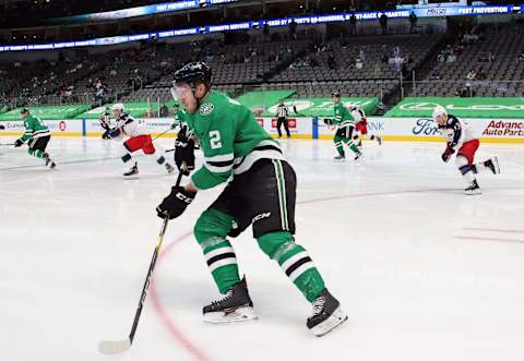 DALLAS, TEXAS – MARCH 04: Jamie Oleksiak #2 of the Dallas Stars in the second period at American Airlines Center on March 04, 2021 in Dallas, Texas. (Photo by Ronald Martinez/Getty Images)