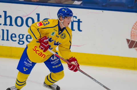 DETROIT, MI – AUGUST 02: Jesper Sellgren #23 of Sweden controls the puck against USA during a World Jr. Summer Showcase game at USA Hockey Arena on August 2, 2017 in Plymouth, Michigan. The USA defeated Sweden 3-2. (Photo by Dave Reginek/Getty Images) *** Local Caption *** Jesper Sellgren