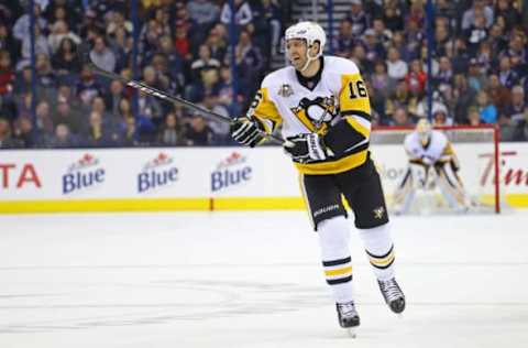 Feb 17, 2017; Columbus, OH, USA; Pittsburgh Penguins center Eric Fehr (16) against the Columbus Blue Jackets at Nationwide Arena. The Blue Jackets won 2-1 in overtime. Mandatory Credit: Aaron Doster-USA TODAY Sports