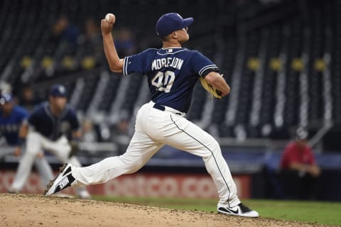 SAN DIEGO, CA – SEPTEMBER 30: Adrian Morrejon #40 of the San Diego Padres Minor Leagues pitches in the Padres On Deck game against the Texas Ranges at PETCO Park on September 30, 2017 in San Diego, California. (Photo by Andy Hayt/San Diego Padres/Getty Images)