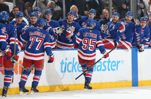 NEW YORK, NY – MARCH 25: Vinni Lettieri #95 of the New York Rangers celebrates after scoring a goal in the first period against the Pittsburgh Penguins at Madison Square Garden on March 25, 2019 in New York City. (Photo by Jared Silber/NHLI via Getty Images)