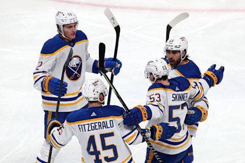 Feb 13, 2022; Montreal, Quebec, CAN; Buffalo Sabres left wing Jeff Skinner (53) celebrates his goal against Montreal Canadiens with teammates during the first period at Bell Centre. Mandatory Credit: Jean-Yves Ahern-USA TODAY Sports