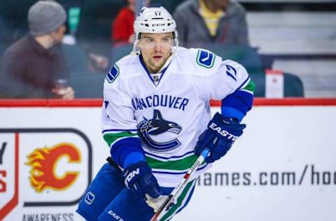 Feb 19, 2016; Calgary, Alberta, CAN; Vancouver Canucks right wing Radim Vrbata (17) skates during the warmup period against the Calgary Flames at Scotiabank Saddledome. Calgary Flames won 5-2. Mandatory Credit: Sergei Belski-USA TODAY Sports