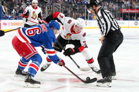 NEW YORK, NY – NOVEMBER 04: Brady Tkachuk #7 of the Ottawa Senators takes a face-off against Ryan Strome #16 of the New York Rangers at Madison Square Garden on November 4, 2019 in New York City. (Photo by Jared Silber/NHLI via Getty Images)