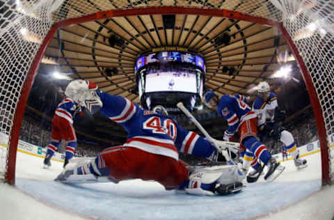 NEW YORK, NY – MARCH 29: Alexandar Georgiev #40 of the New York Rangers tends the net against the St. Louis Blues at Madison Square Garden on March 29, 2019 in New York City. (Photo by Jared Silber/NHLI via Getty Images)