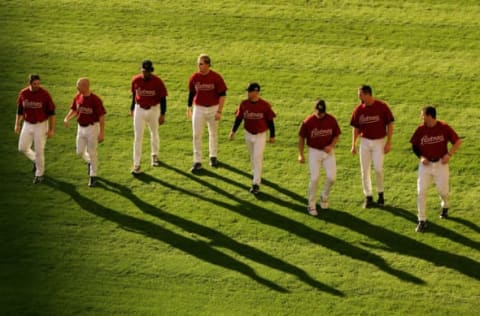 HOUSTON – OCTOBER 25: Houston Astros pitches warm up in the outfield before the start of Game Three of the 2005 Major League Baseball World Series at Minute Maid Park on October 25, 2005 in Houston, Texas. (Photo by Lisa Blumenfeld/Getty Images)