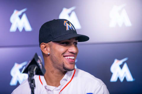 MIAMI, FL – OCTOBER 22: Cuban baseball player Victor Victor Mesa speaks with members of the media to announce the signing of the Mesa brothers to the Miami Marlins at Marlins Park on October 22, 2018 in Miami, Florida. (Photo by Mark Brown/Getty Images)