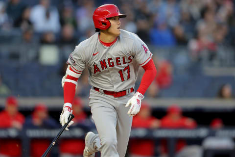 Apr 18, 2023; Bronx, New York, USA; Los Angeles Angels designated hitter Shohei Ohtani (17) follows through on a two run home run against the New York Yankees during the first inning at Yankee Stadium. Mandatory Credit: Brad Penner-USA TODAY Sports