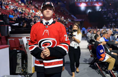 MONTREAL, QUEBEC – JULY 08: Simon Forsmark is selected by the Carolina Hurricanes during Round Four of the 2022 Upper Deck NHL Draft at Bell Centre on July 08, 2022, in Montreal, Quebec, Canada. (Photo by Bruce Bennett/Getty Images)