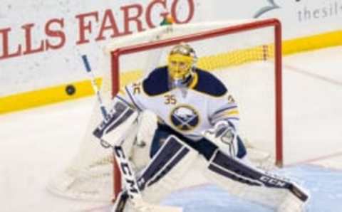 Jan 12, 2016; Saint Paul, MN, USA; Buffalo Sabres goalie Linus Ullmark (35) watches the puck in the third period against the Minnesota Wild at Xcel Energy Center. The Buffalo Sabres beat the Minnesota Wild 3-2. Mandatory Credit: Brad Rempel-USA TODAY Sports